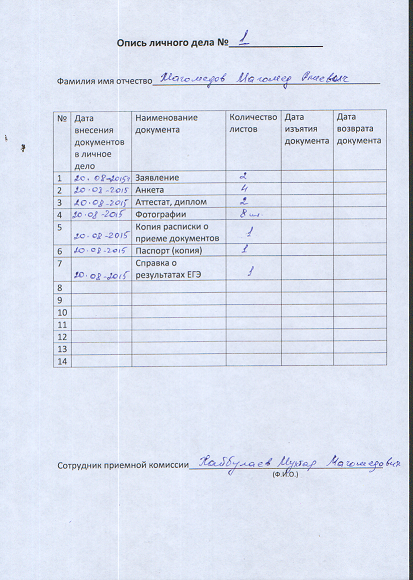 Образец внутренняя опись личного дела образец заполнения